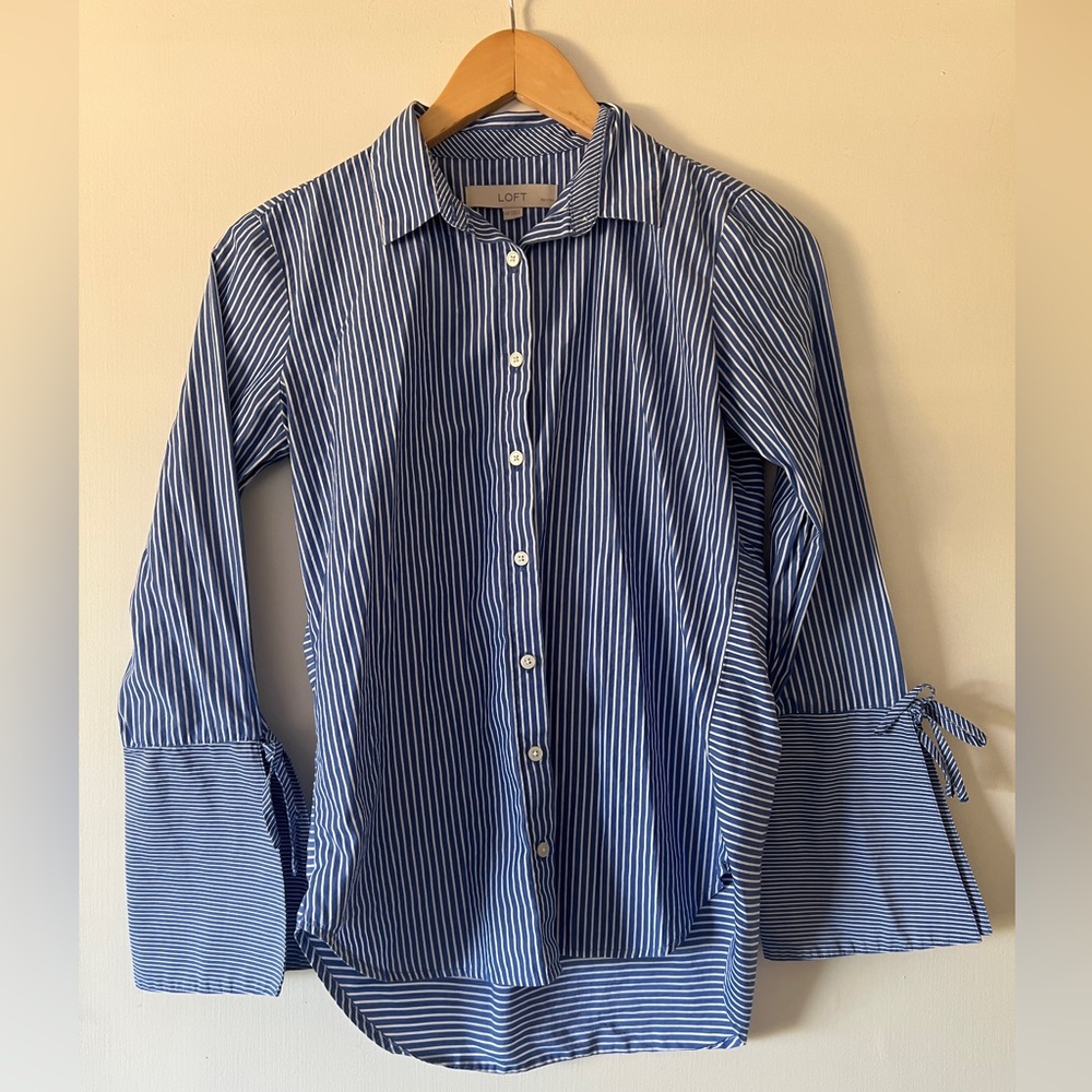 LOFT Navy and White Striped Blouse